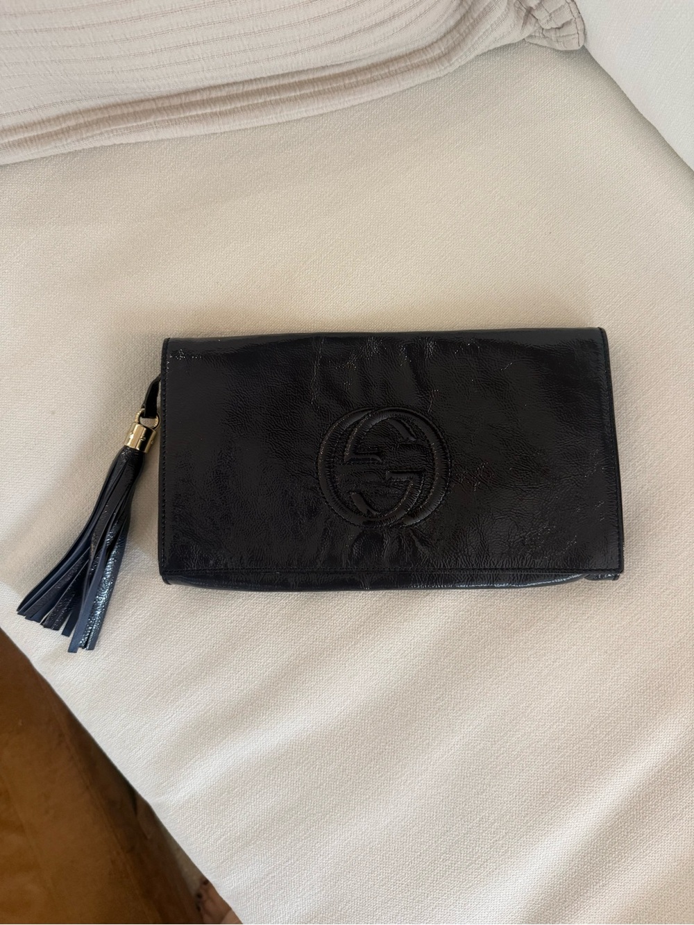 Gucci Navy Leather Tassel Foldover Clutch
